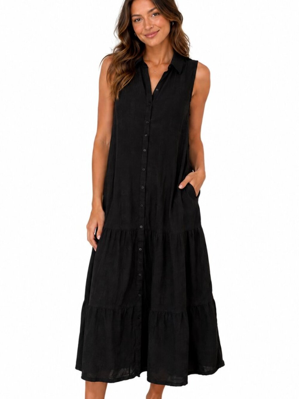 Croft & Barrow Black Tiered Sleeveless Shirt Maxi Dress Small